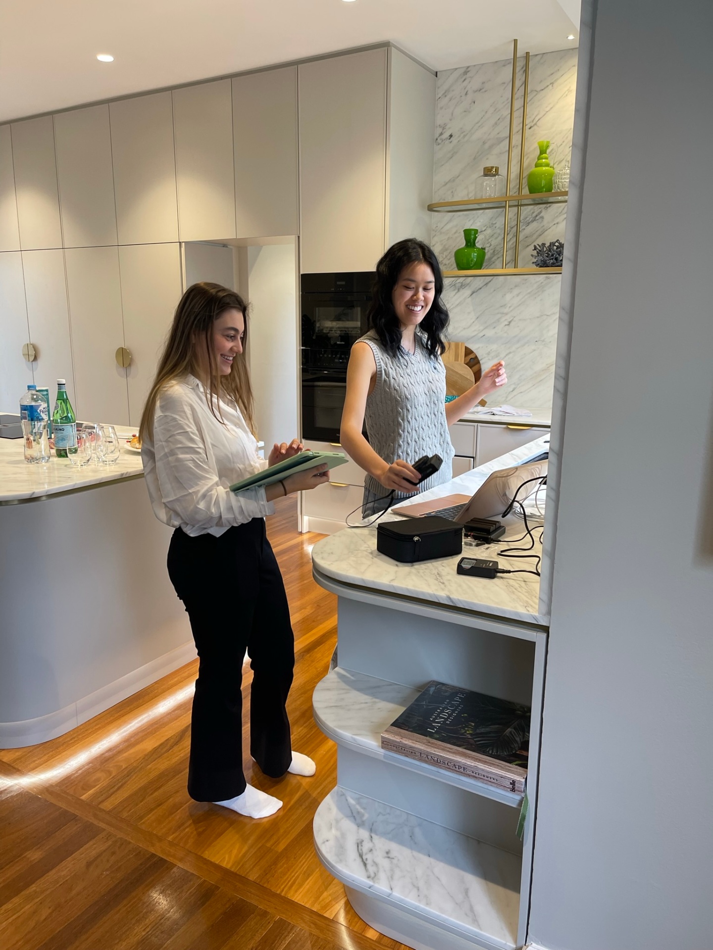 Pre-production setup in a marble kitchen location